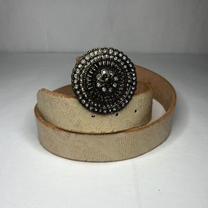 Fossil Rhinestone Buckle Genuine Leather White Paisley Belt